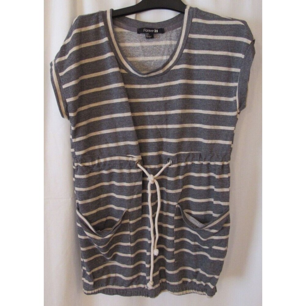 Forever 21 Gray and Cream Striped Drawstring Top/Beach Cover Up Size Small